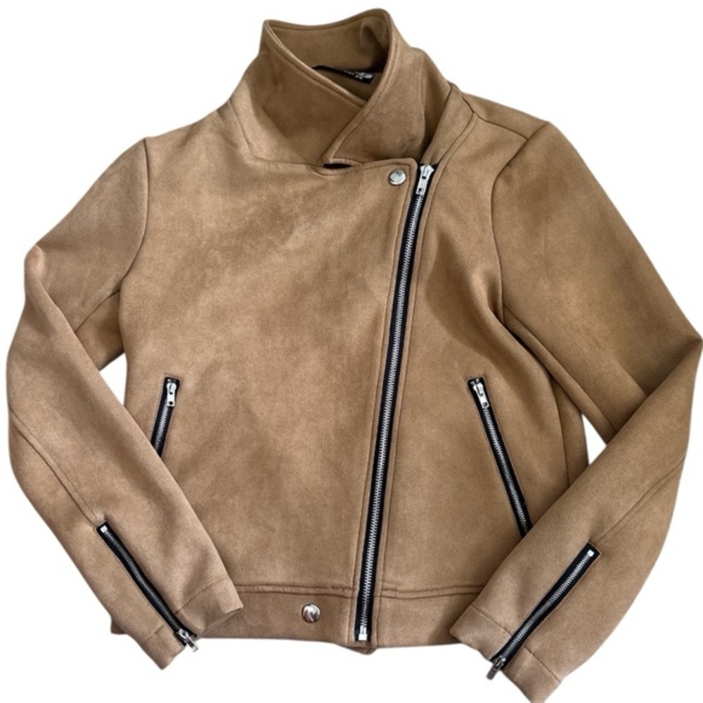 XS Tan Faux Leather Jacket | Argstar Zippered Motorcycle Style